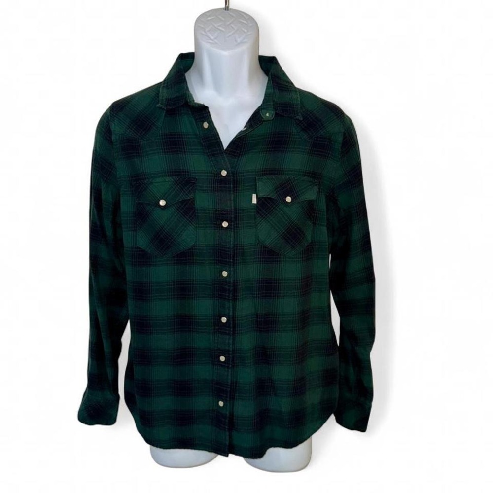 LEVIS WESTERN GREEN‎ PLAID FLANNEL SHIRT PEARL SNAPS BOYS LARGE